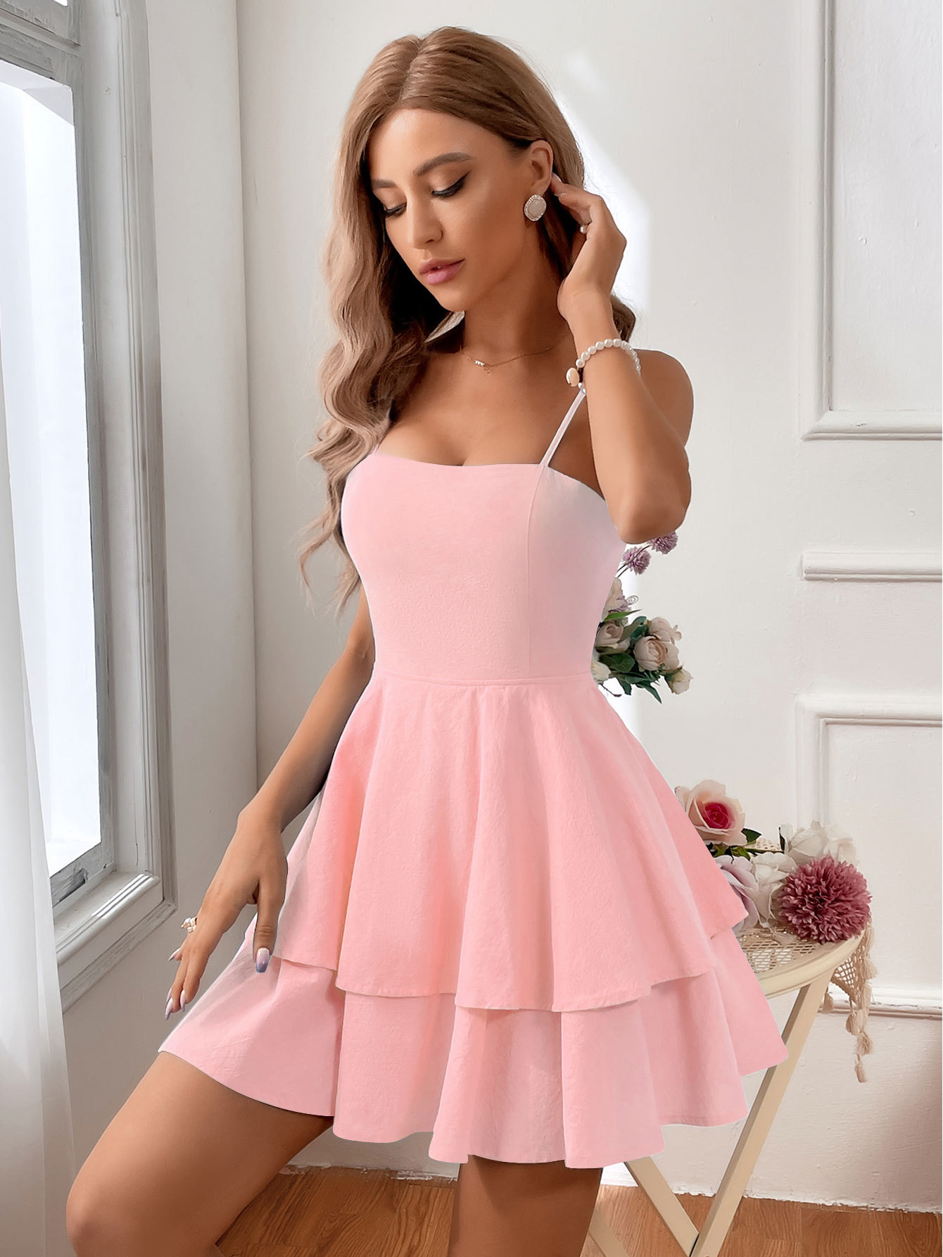 Summer pure cotton square neck suspender A-line short skirt sweet and fresh high waisted bow tie slim fit dress