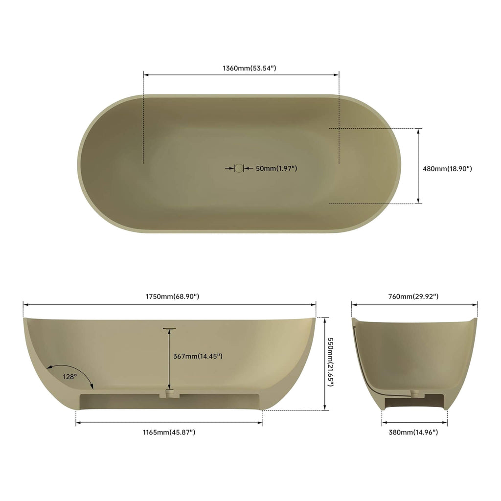 [69X30-Inch] Nuvia Freestanding Oval Stone Resin Soaking Tub With Overflow Drain (SAK35786)