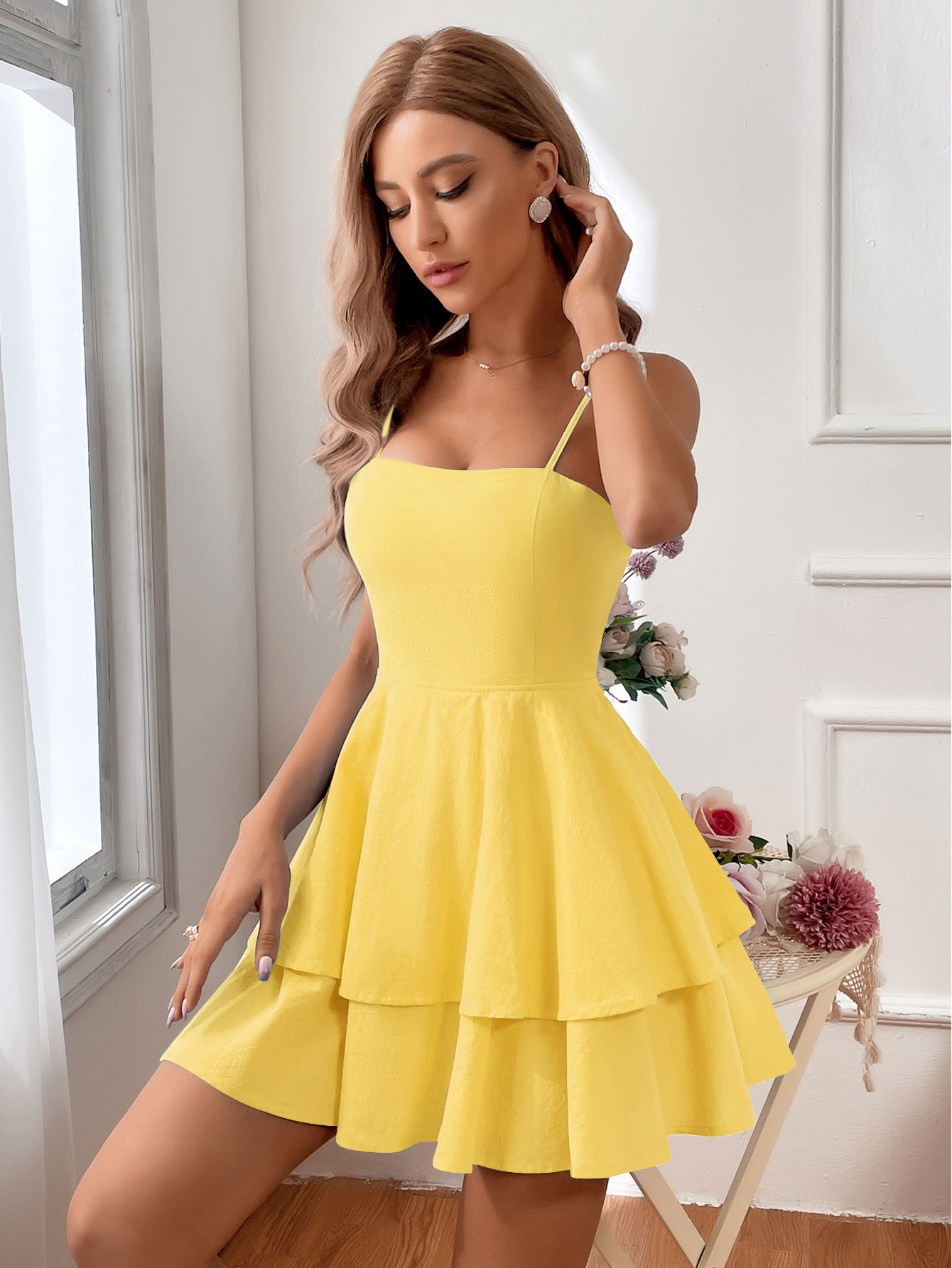 Summer pure cotton square neck suspender A-line short skirt sweet and fresh high waisted bow tie slim fit dress